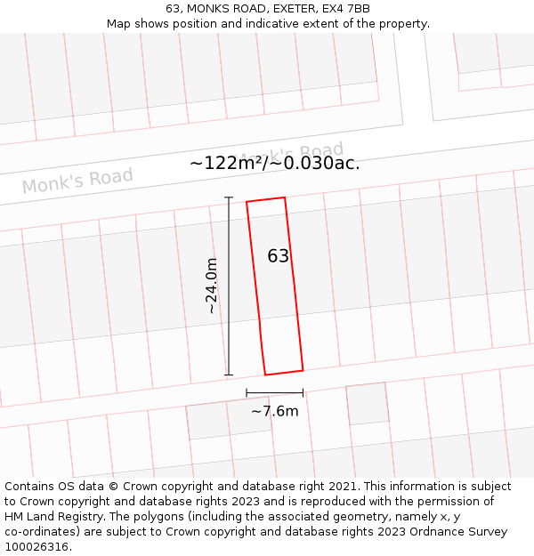 63, MONKS ROAD, EXETER, EX4 7BB: Plot and title map