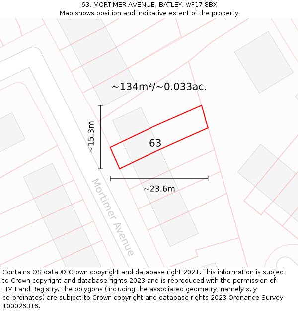 63, MORTIMER AVENUE, BATLEY, WF17 8BX: Plot and title map