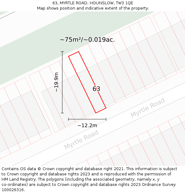 63, MYRTLE ROAD, HOUNSLOW, TW3 1QE: Plot and title map