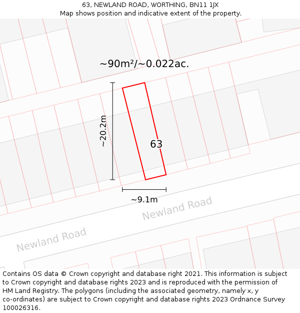 63, NEWLAND ROAD, WORTHING, BN11 1JX: Plot and title map