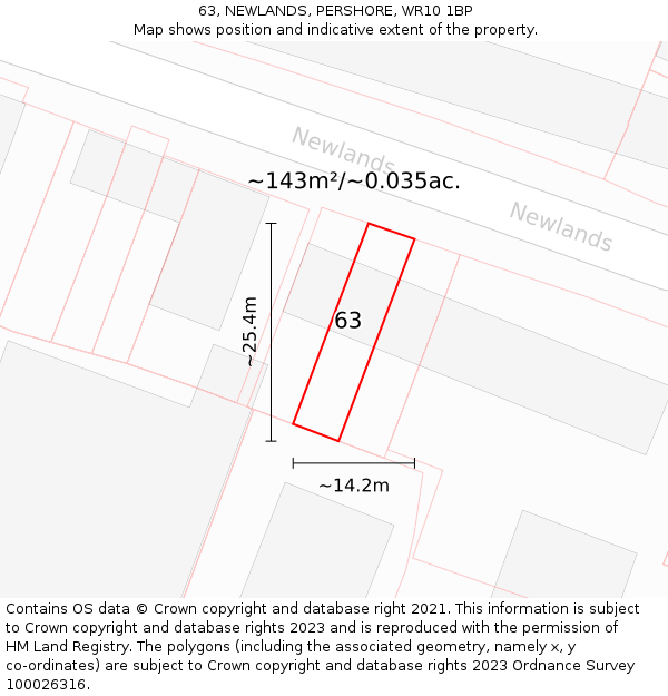 63, NEWLANDS, PERSHORE, WR10 1BP: Plot and title map