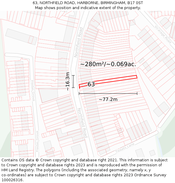 63, NORTHFIELD ROAD, HARBORNE, BIRMINGHAM, B17 0ST: Plot and title map