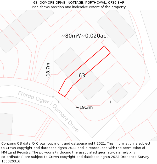 63, OGMORE DRIVE, NOTTAGE, PORTHCAWL, CF36 3HR: Plot and title map