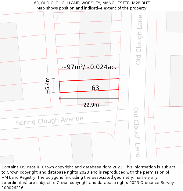 63, OLD CLOUGH LANE, WORSLEY, MANCHESTER, M28 3HZ: Plot and title map