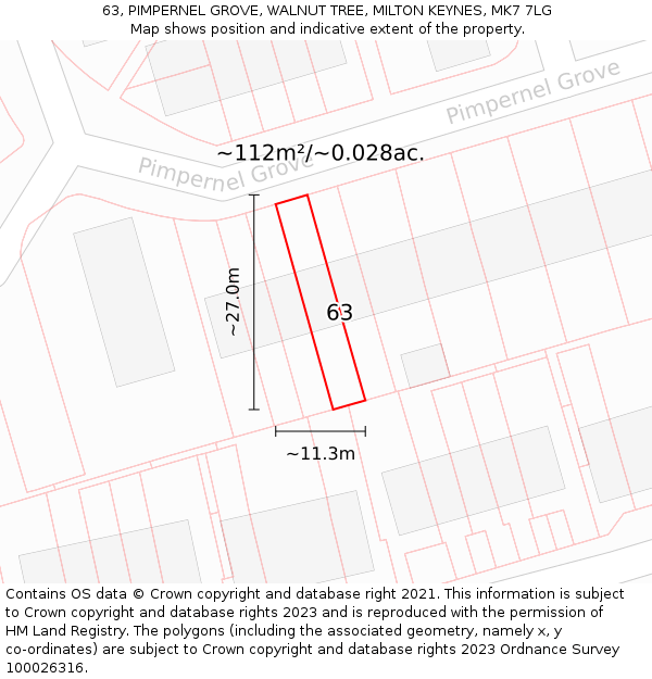 63, PIMPERNEL GROVE, WALNUT TREE, MILTON KEYNES, MK7 7LG: Plot and title map