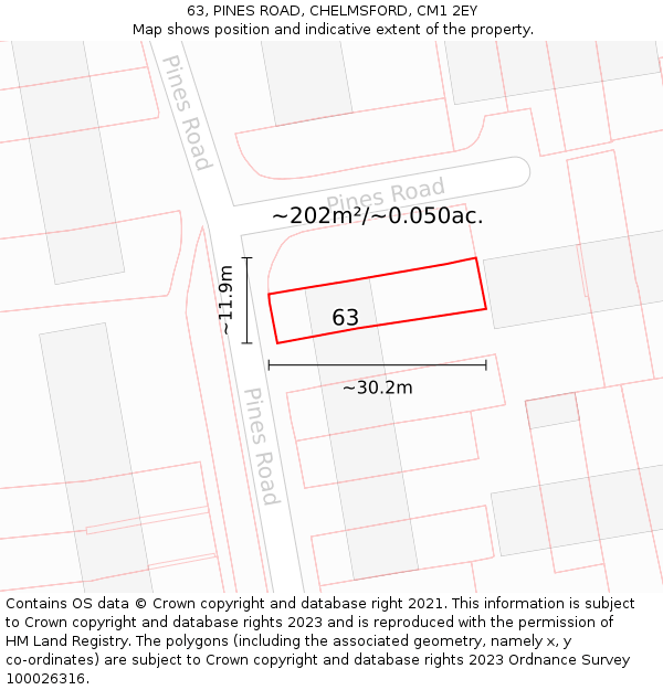 63, PINES ROAD, CHELMSFORD, CM1 2EY: Plot and title map