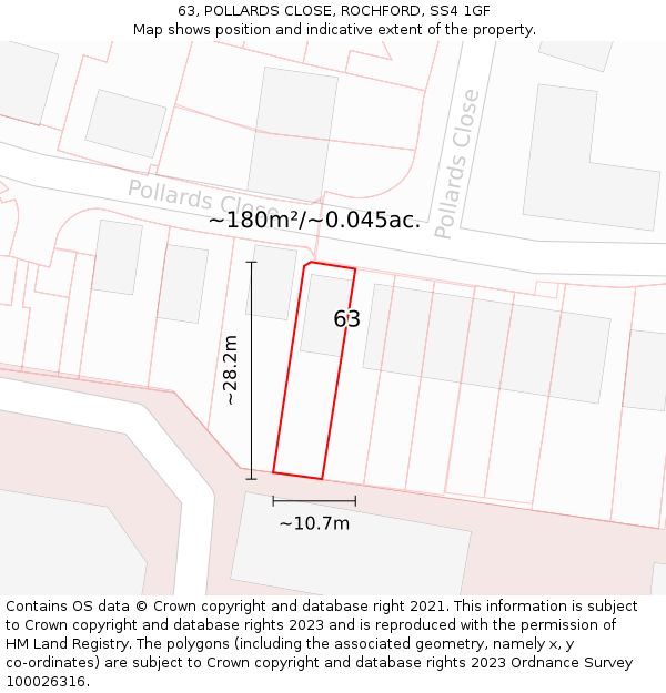 63, POLLARDS CLOSE, ROCHFORD, SS4 1GF: Plot and title map