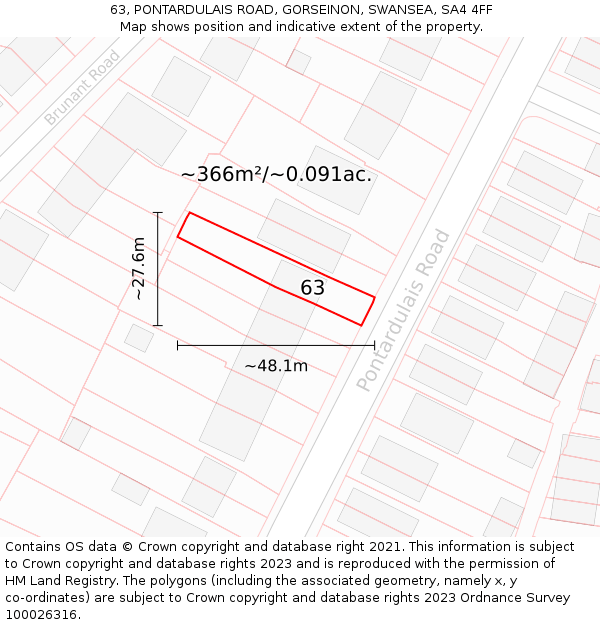 63, PONTARDULAIS ROAD, GORSEINON, SWANSEA, SA4 4FF: Plot and title map