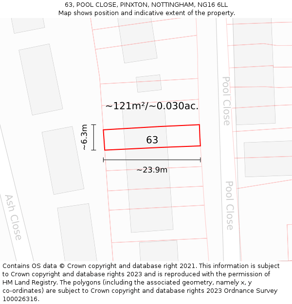 63, POOL CLOSE, PINXTON, NOTTINGHAM, NG16 6LL: Plot and title map