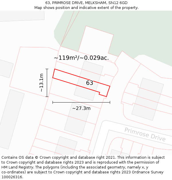 63, PRIMROSE DRIVE, MELKSHAM, SN12 6GD: Plot and title map
