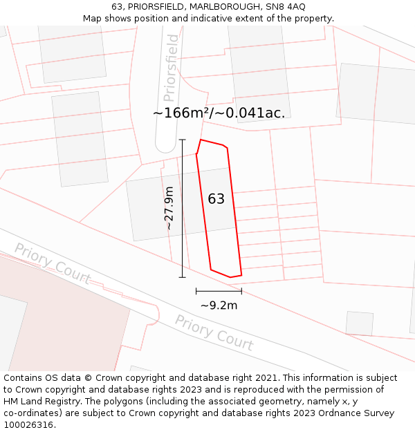 63, PRIORSFIELD, MARLBOROUGH, SN8 4AQ: Plot and title map