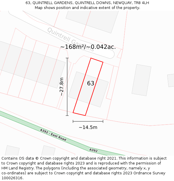 63, QUINTRELL GARDENS, QUINTRELL DOWNS, NEWQUAY, TR8 4LH: Plot and title map