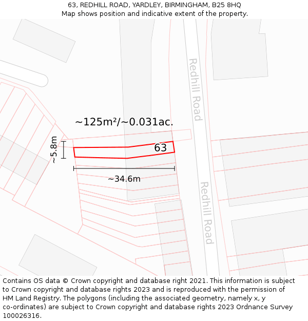 63, REDHILL ROAD, YARDLEY, BIRMINGHAM, B25 8HQ: Plot and title map