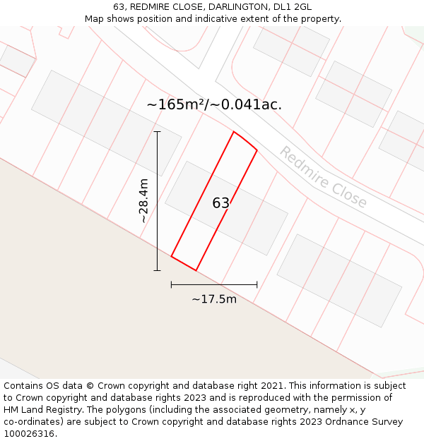 63, REDMIRE CLOSE, DARLINGTON, DL1 2GL: Plot and title map