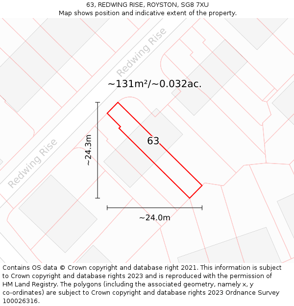 63, REDWING RISE, ROYSTON, SG8 7XU: Plot and title map