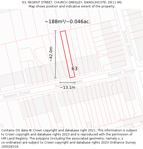 63, REGENT STREET, CHURCH GRESLEY, SWADLINCOTE, DE11 9PJ: Plot and title map