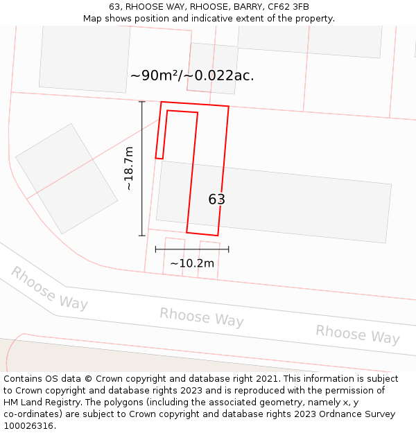 63, RHOOSE WAY, RHOOSE, BARRY, CF62 3FB: Plot and title map