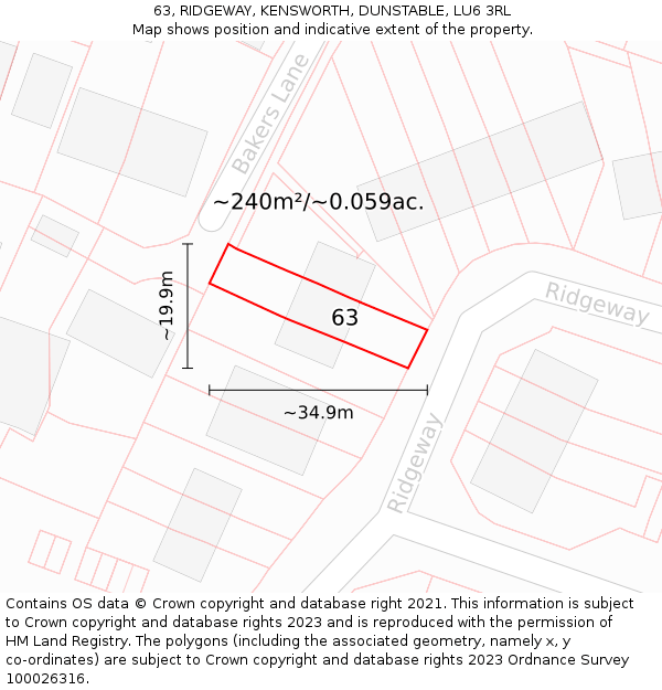 63, RIDGEWAY, KENSWORTH, DUNSTABLE, LU6 3RL: Plot and title map