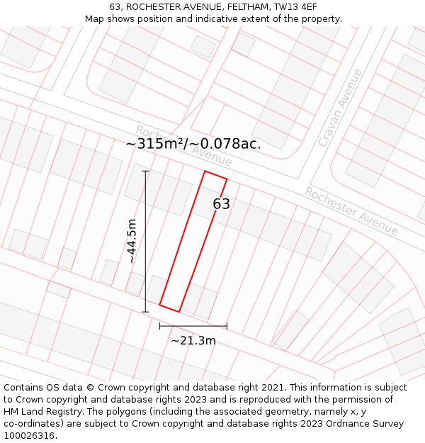 63, ROCHESTER AVENUE, FELTHAM, TW13 4EF: Plot and title map