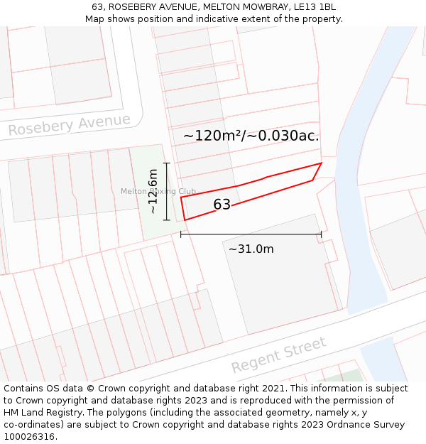 63, ROSEBERY AVENUE, MELTON MOWBRAY, LE13 1BL: Plot and title map