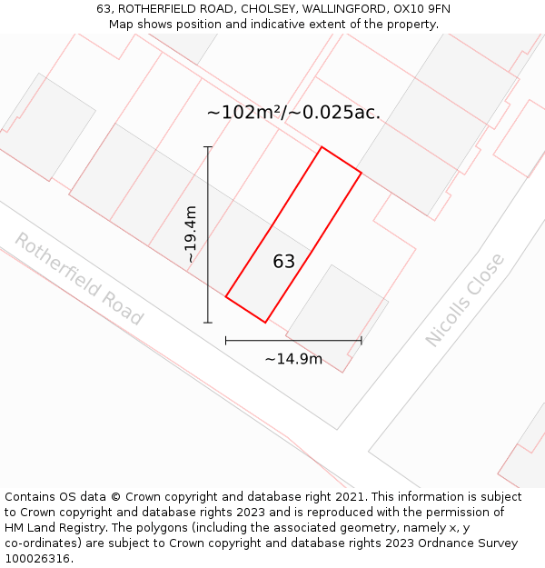 63, ROTHERFIELD ROAD, CHOLSEY, WALLINGFORD, OX10 9FN: Plot and title map