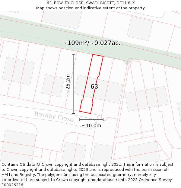 63, ROWLEY CLOSE, SWADLINCOTE, DE11 8LX: Plot and title map