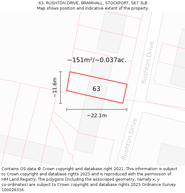 63, RUSHTON DRIVE, BRAMHALL, STOCKPORT, SK7 3LB: Plot and title map
