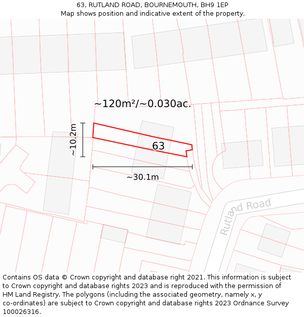 63, RUTLAND ROAD, BOURNEMOUTH, BH9 1EP: Plot and title map
