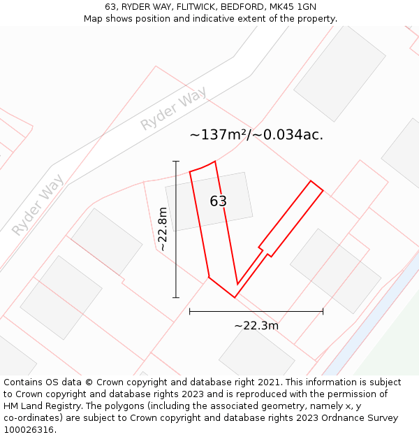 63, RYDER WAY, FLITWICK, BEDFORD, MK45 1GN: Plot and title map