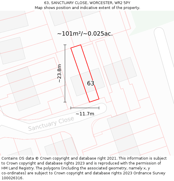 63, SANCTUARY CLOSE, WORCESTER, WR2 5PY: Plot and title map