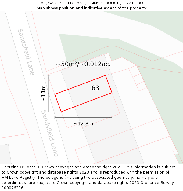 63, SANDSFIELD LANE, GAINSBOROUGH, DN21 1BQ: Plot and title map