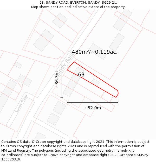 63, SANDY ROAD, EVERTON, SANDY, SG19 2JU: Plot and title map