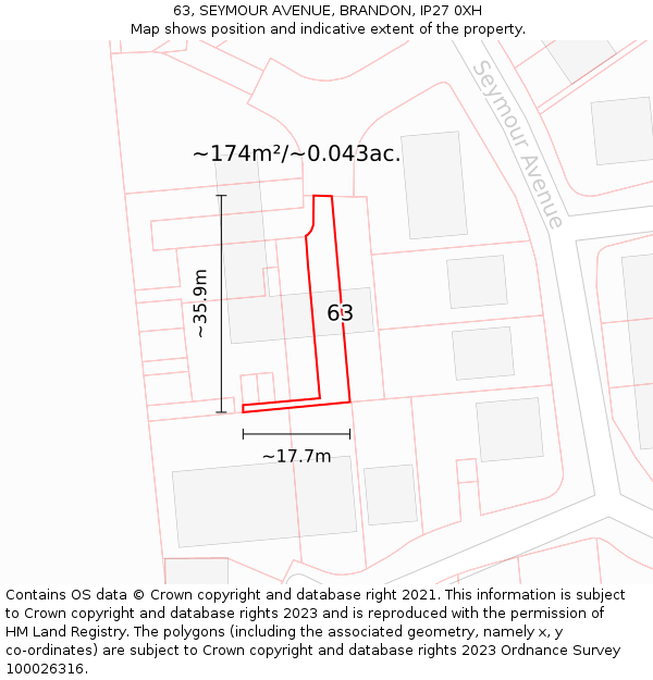 63, SEYMOUR AVENUE, BRANDON, IP27 0XH: Plot and title map