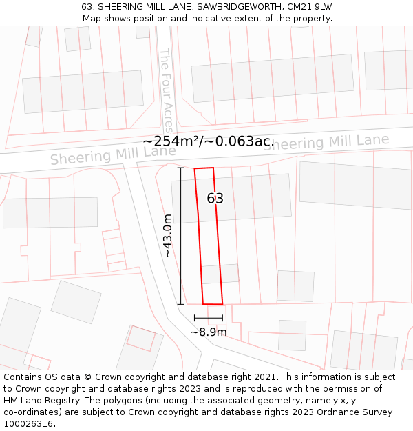 63, SHEERING MILL LANE, SAWBRIDGEWORTH, CM21 9LW: Plot and title map