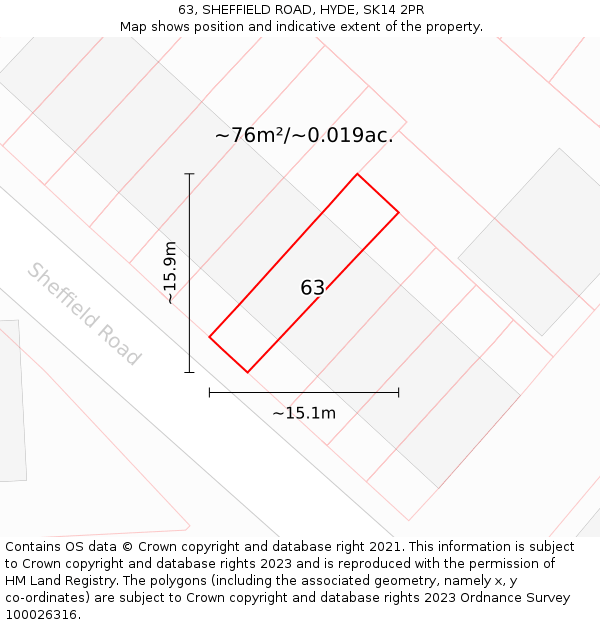 63, SHEFFIELD ROAD, HYDE, SK14 2PR: Plot and title map