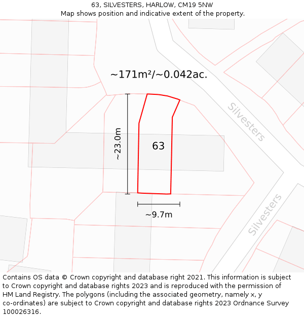 63, SILVESTERS, HARLOW, CM19 5NW: Plot and title map
