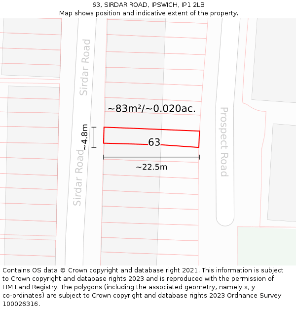 63, SIRDAR ROAD, IPSWICH, IP1 2LB: Plot and title map