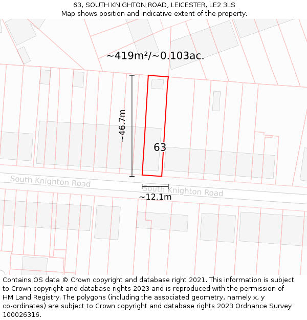 63, SOUTH KNIGHTON ROAD, LEICESTER, LE2 3LS: Plot and title map