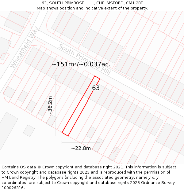 63, SOUTH PRIMROSE HILL, CHELMSFORD, CM1 2RF: Plot and title map