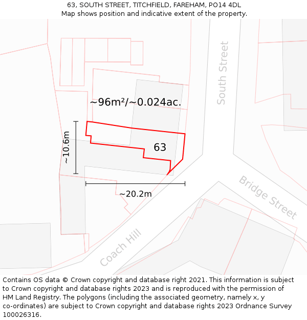 63, SOUTH STREET, TITCHFIELD, FAREHAM, PO14 4DL: Plot and title map