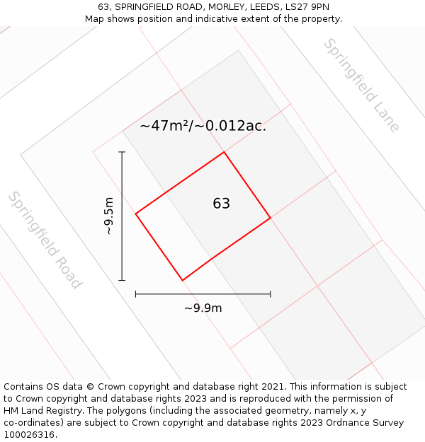 63, SPRINGFIELD ROAD, MORLEY, LEEDS, LS27 9PN: Plot and title map