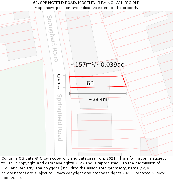 63, SPRINGFIELD ROAD, MOSELEY, BIRMINGHAM, B13 9NN: Plot and title map