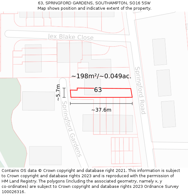 63, SPRINGFORD GARDENS, SOUTHAMPTON, SO16 5SW: Plot and title map