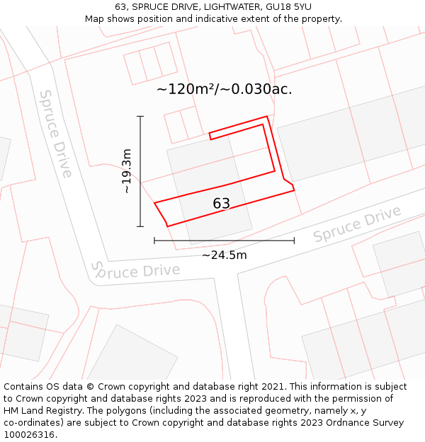 63, SPRUCE DRIVE, LIGHTWATER, GU18 5YU: Plot and title map
