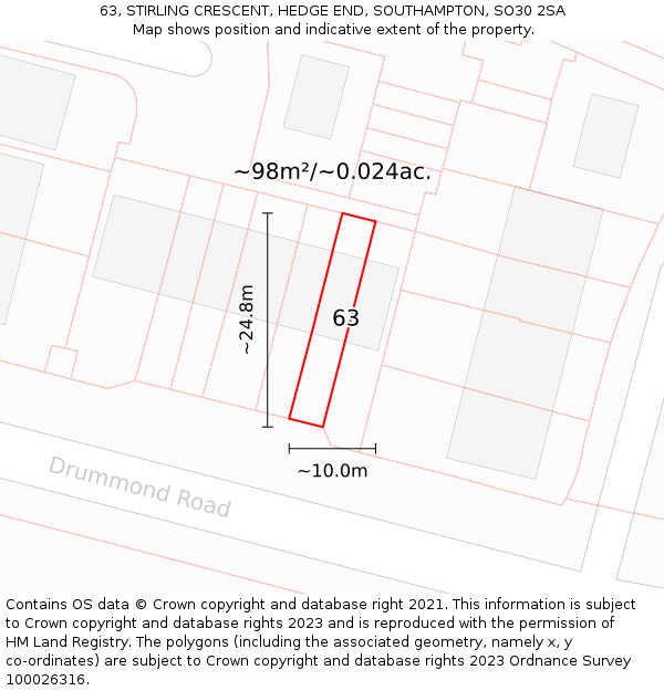 63, STIRLING CRESCENT, HEDGE END, SOUTHAMPTON, SO30 2SA: Plot and title map