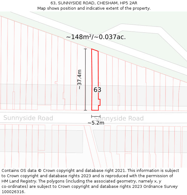 63, SUNNYSIDE ROAD, CHESHAM, HP5 2AR: Plot and title map