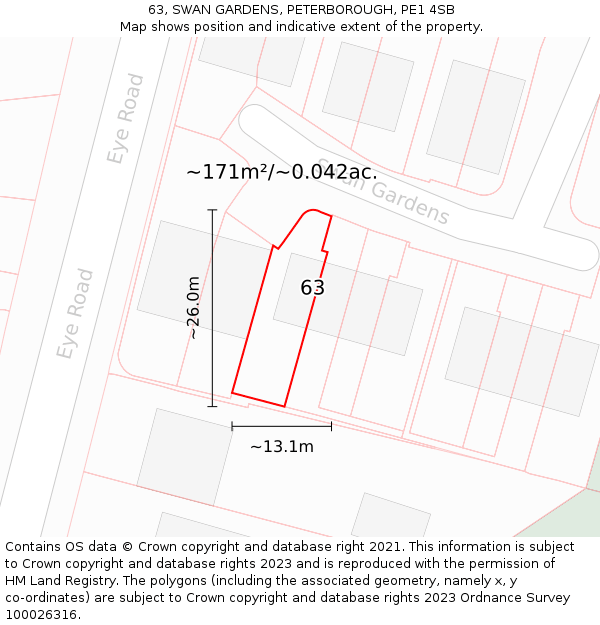 63, SWAN GARDENS, PETERBOROUGH, PE1 4SB: Plot and title map