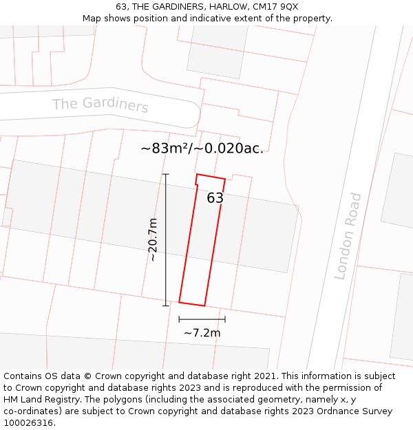 63, THE GARDINERS, HARLOW, CM17 9QX: Plot and title map