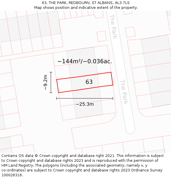 63, THE PARK, REDBOURN, ST ALBANS, AL3 7LS: Plot and title map