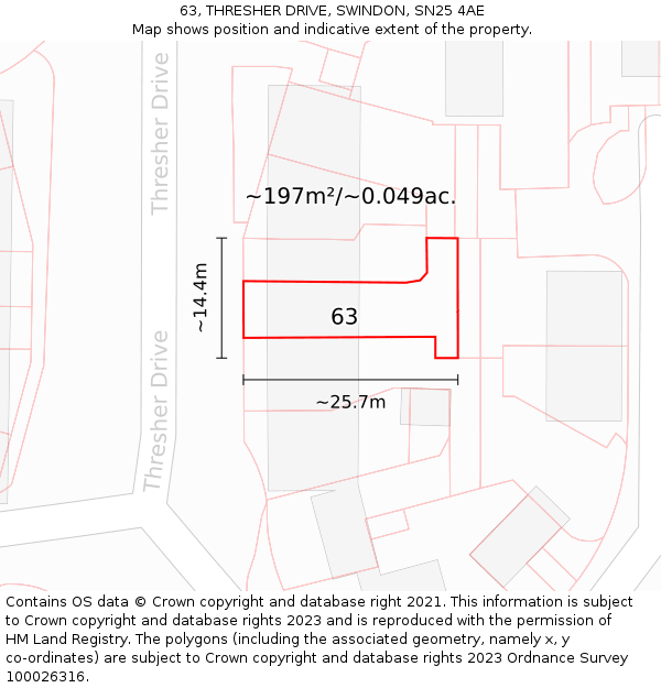 63, THRESHER DRIVE, SWINDON, SN25 4AE: Plot and title map